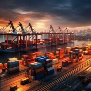 a-cargo-ship-is-docked-at-a-port-with-containers-ai-generative-free-photo