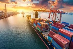 logistics-container-cargo-ship-transportation-with-working-crane-bridge-in-deep-sea-for-import-export-photo